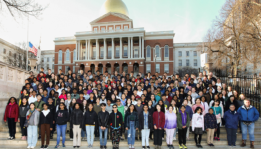 Challenger middle school students on American History tour outside Massachusetts State House