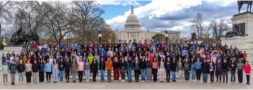 Challenger middle school students on American History tour outside the U.S. Capitol Building